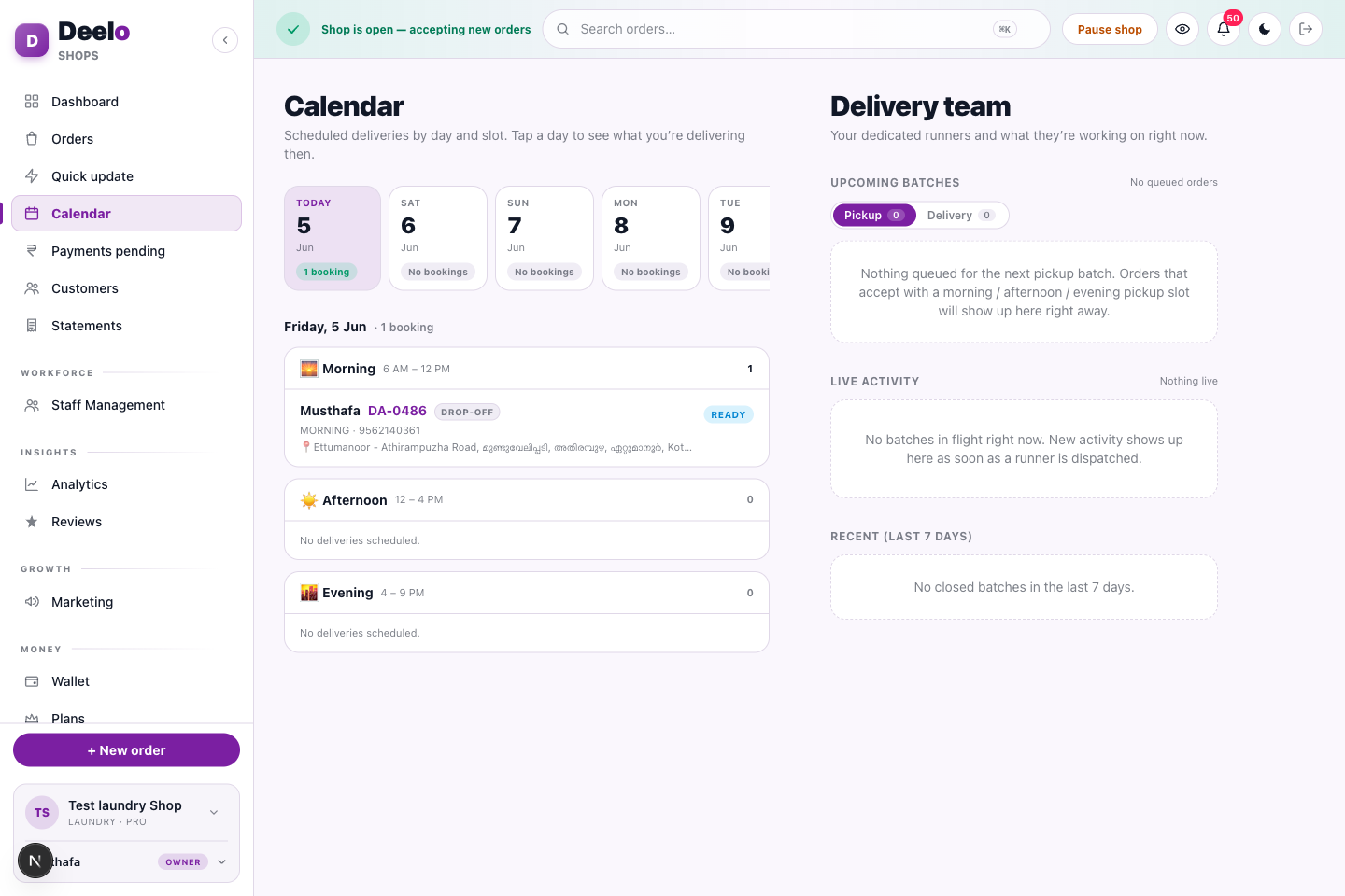 Calendar — the day’s pickups, deliveries and runner roster.