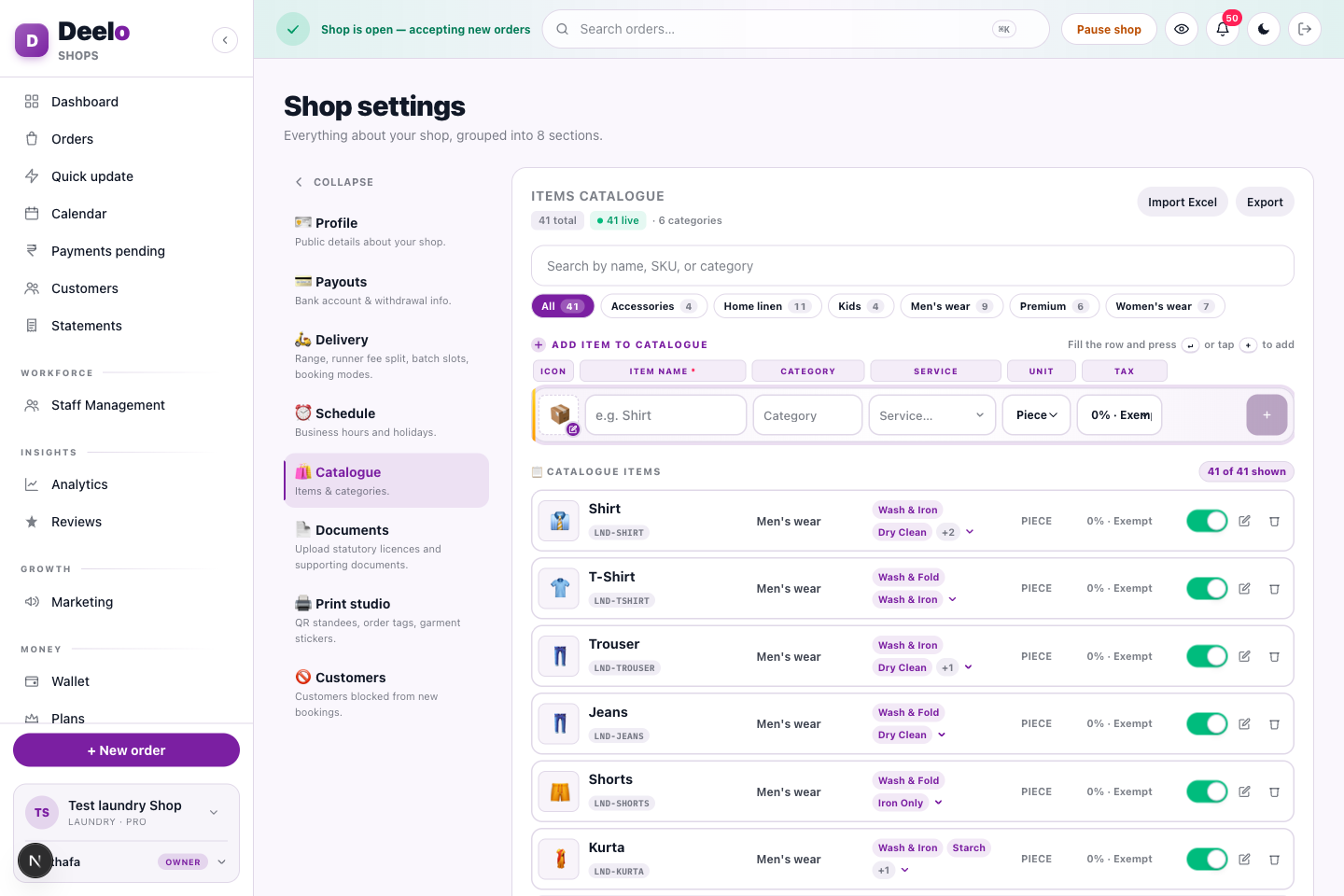Catalogue — items, categories, SKUs, tax & one-click Excel import/export.