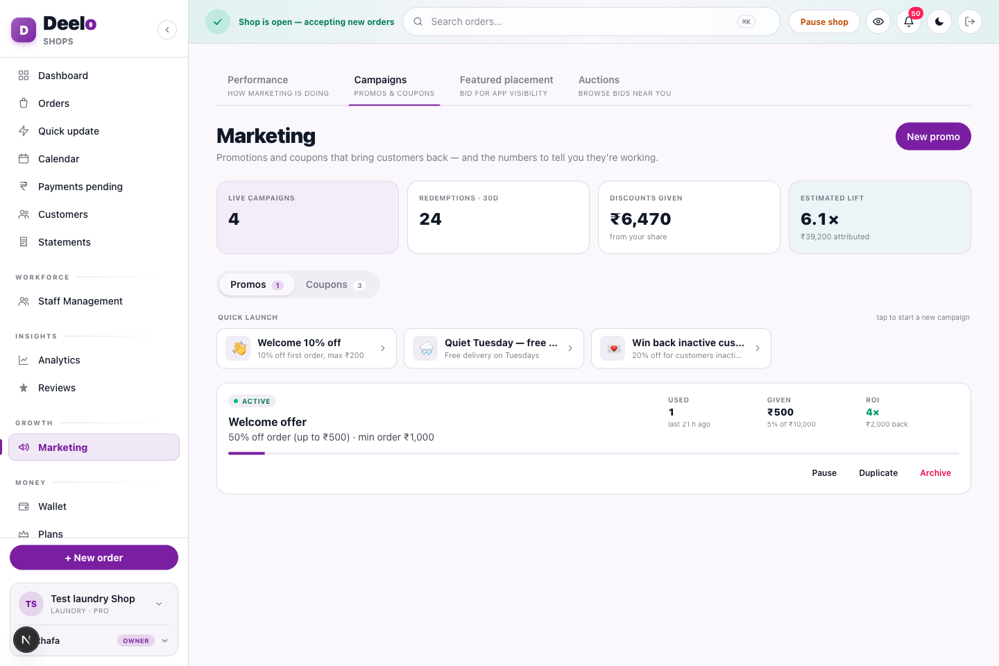 Marketing — promos & coupons with targeting, caps and live performance.