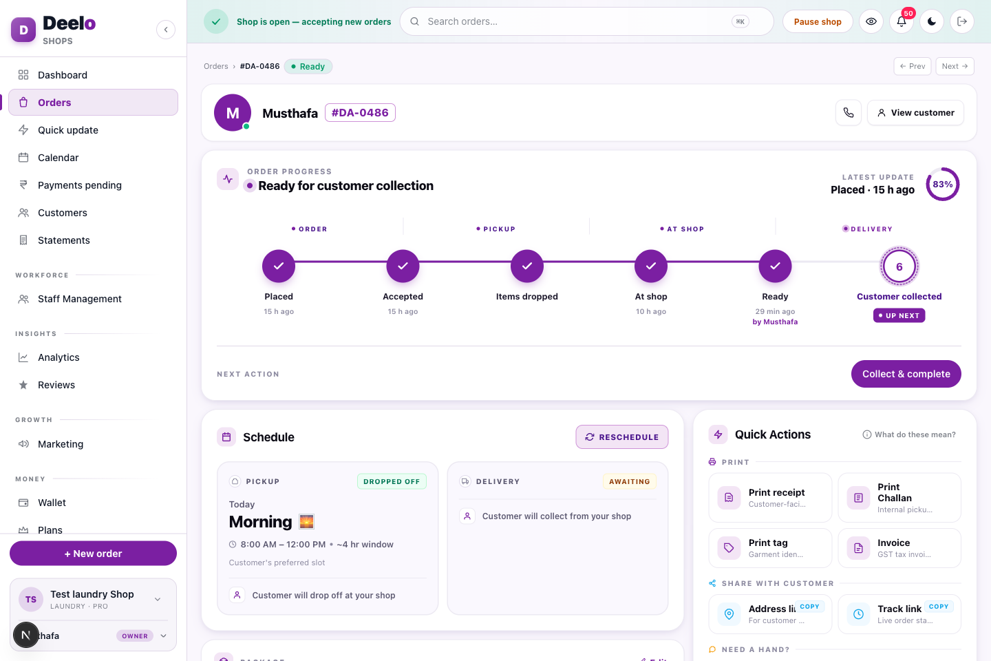 Order detail — progress timeline with live status attribution (“Marked ready by Musthafa”).