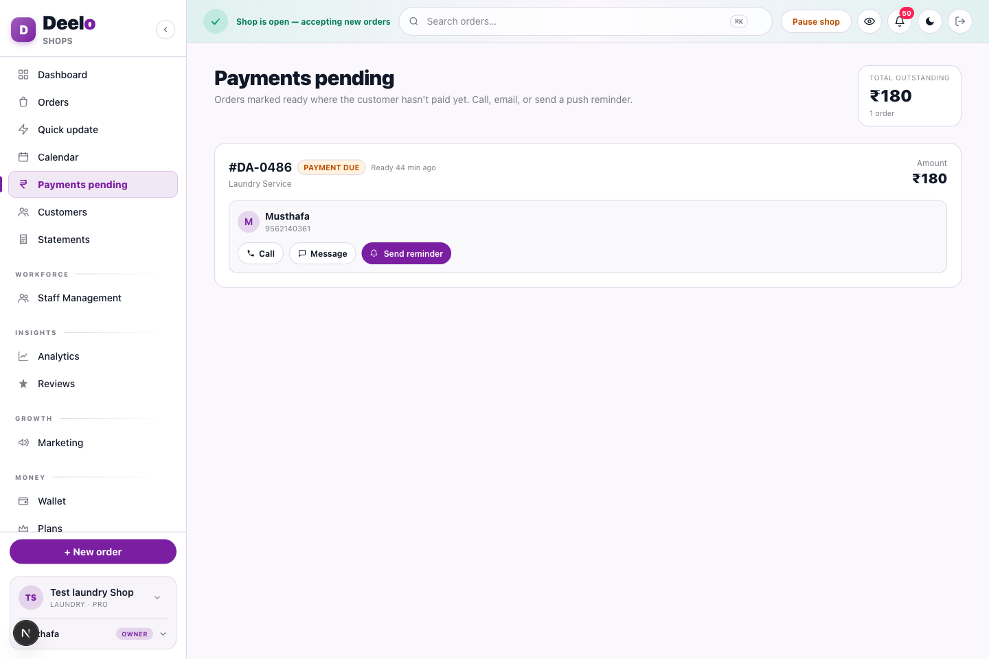 Payments pending — everything still owed, with one-tap and bulk collection.