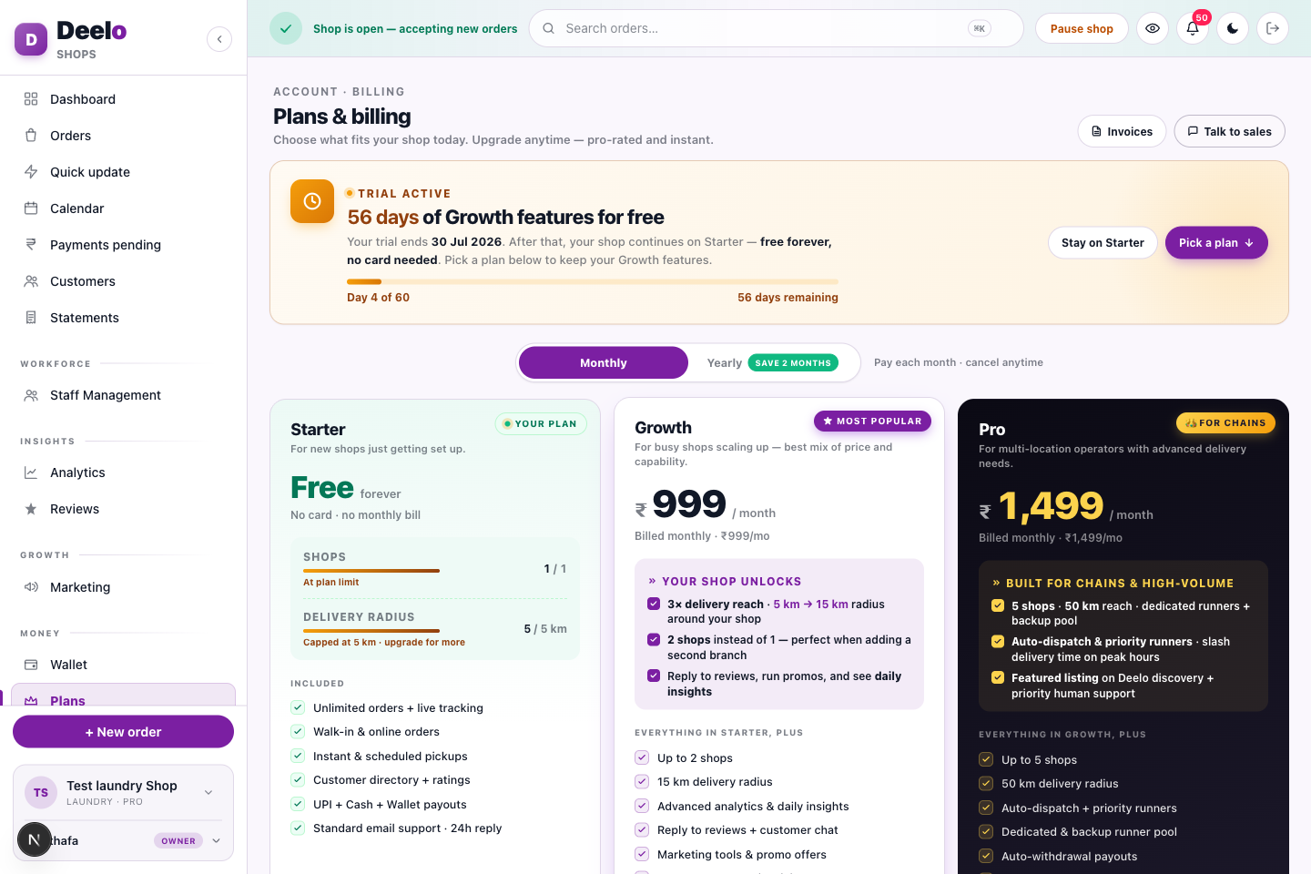Plans — Starter, Growth & Pro with a free trial, annual billing and clear feature gating.