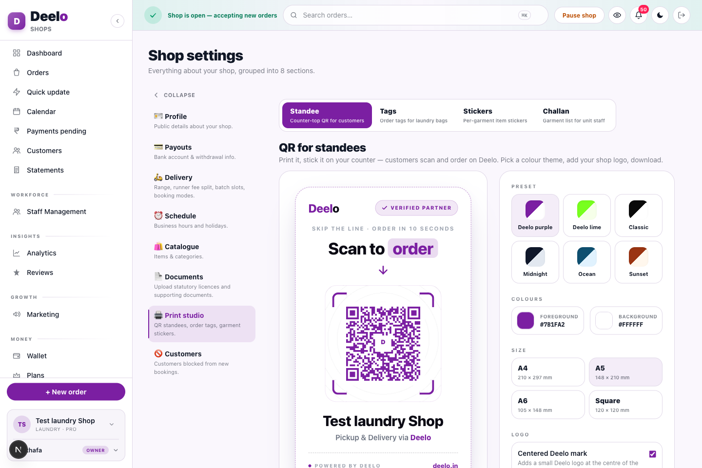 Print studio — a branded “Scan to order” QR standee with theme, size & logo.