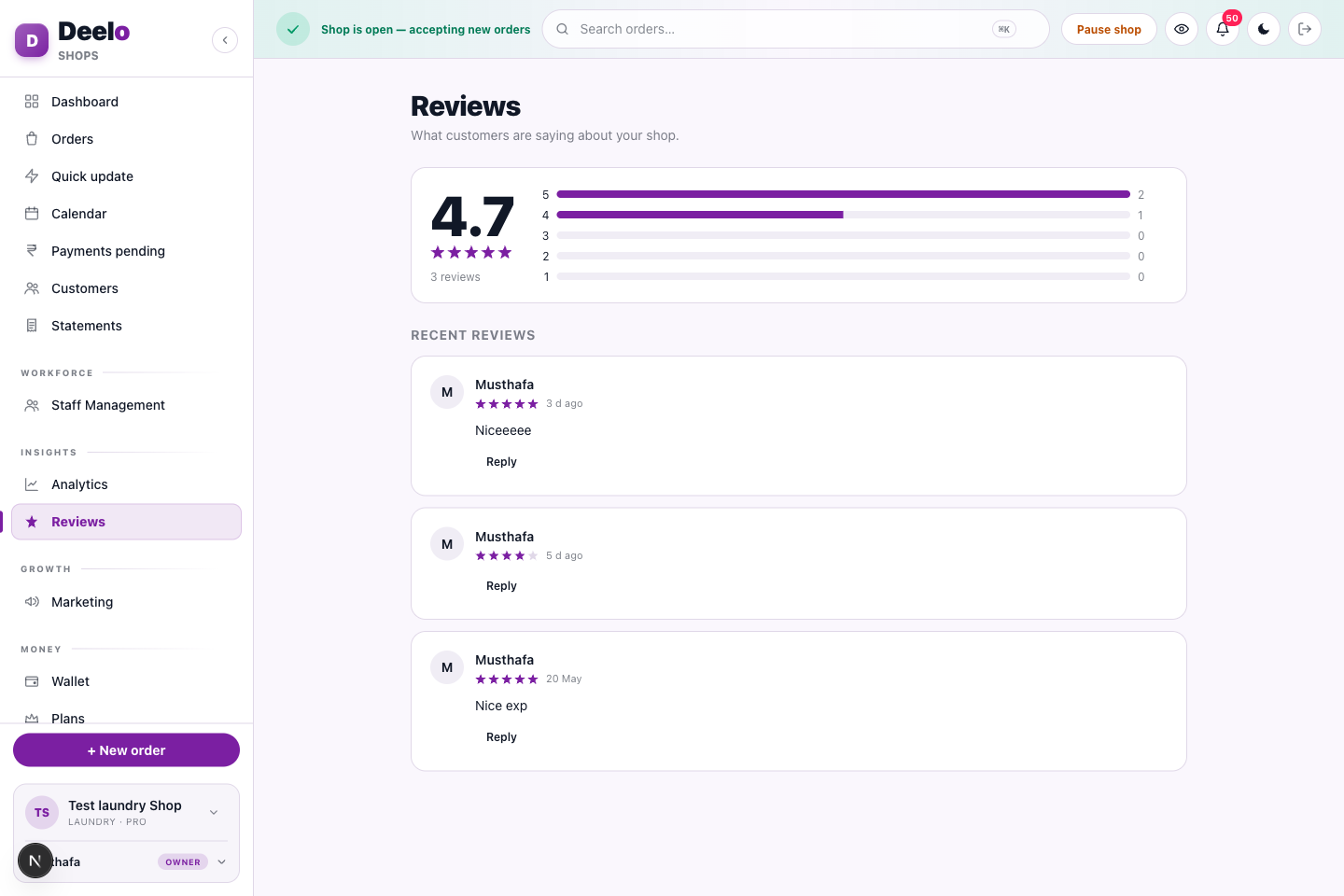 Reviews — rating summary, star distribution and one-tap replies.