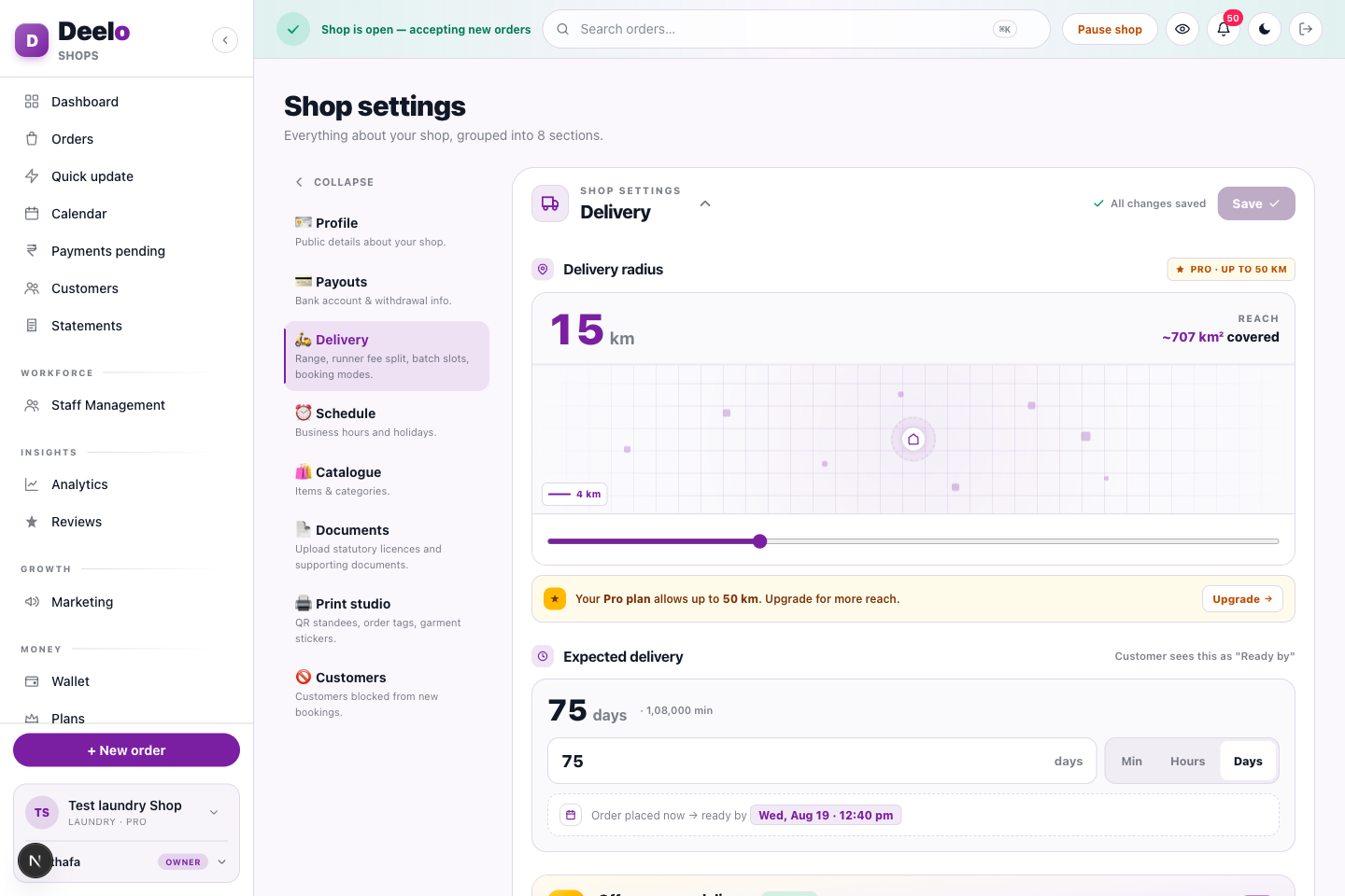 Delivery — radius, runner/shop fee split, booking modes & express delivery.