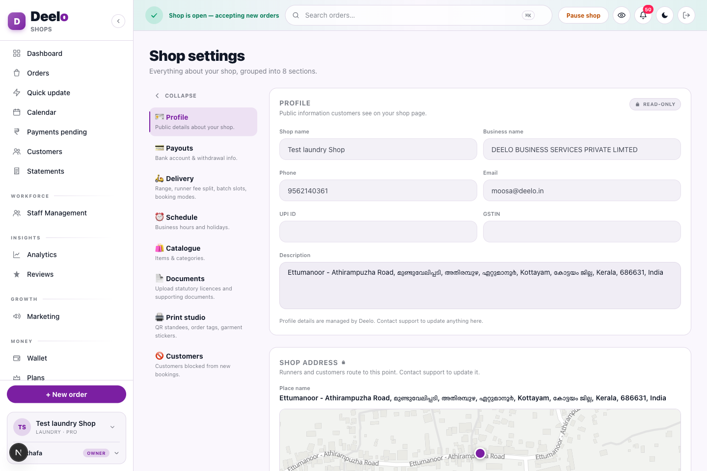 Settings — profile, payouts, delivery economics, hours, catalogue & print studio.