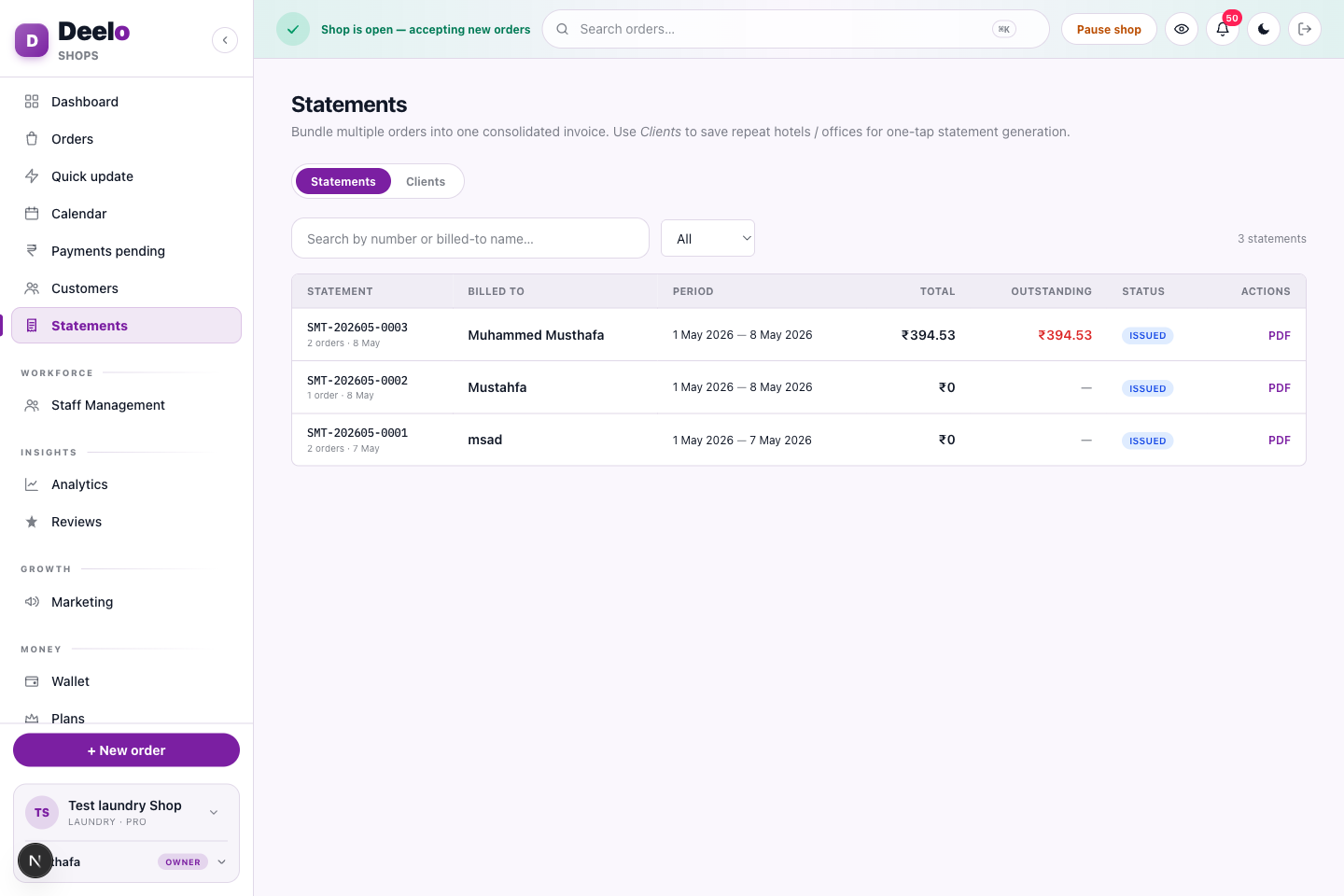 Statements — bundle orders into GST-ready B2B statements and track payments.