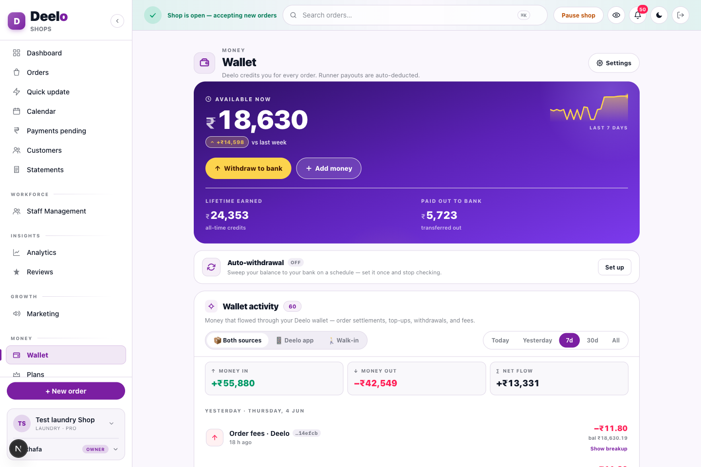 Wallet — balance, payouts, auto-withdrawal and the full transaction ledger.