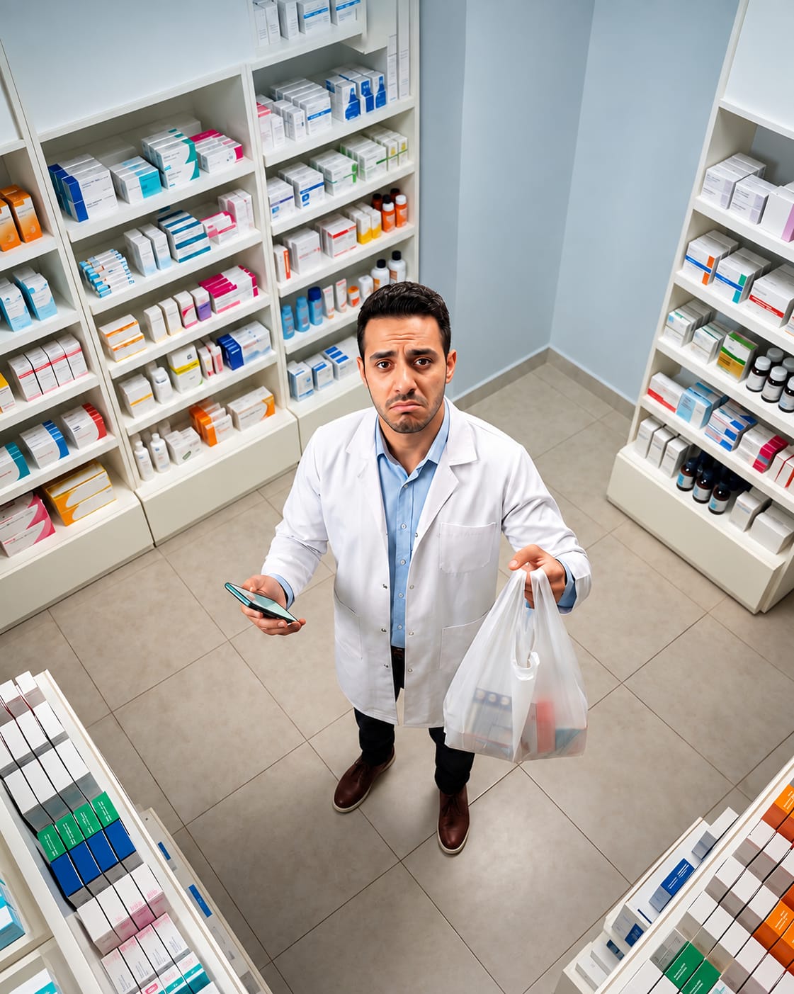 A pharmacist with an order and no one to deliver it