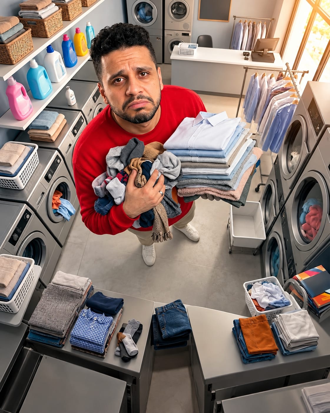 A laundry owner with an armful of orders to deliver