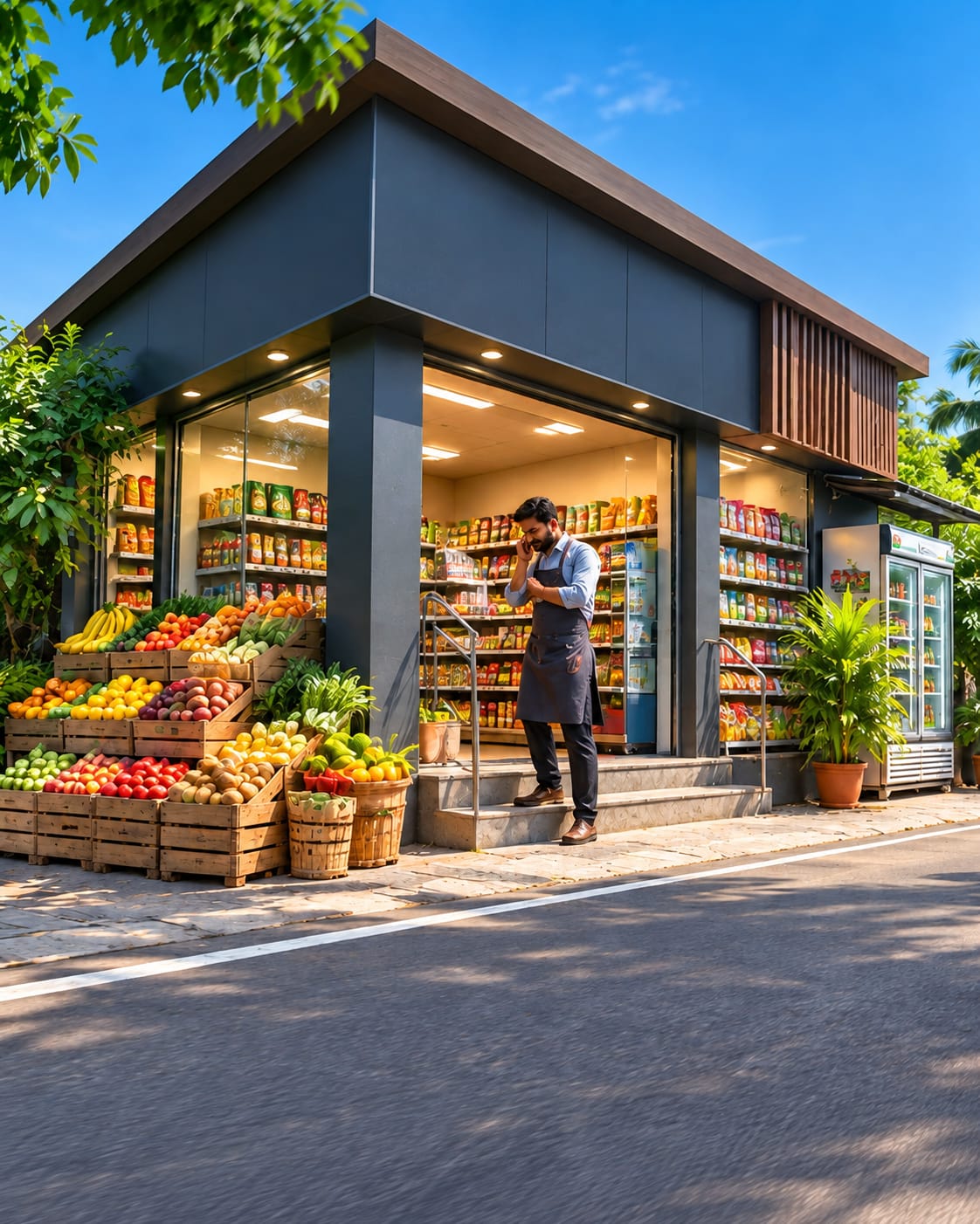 A grocery owner on the phone outside his shop